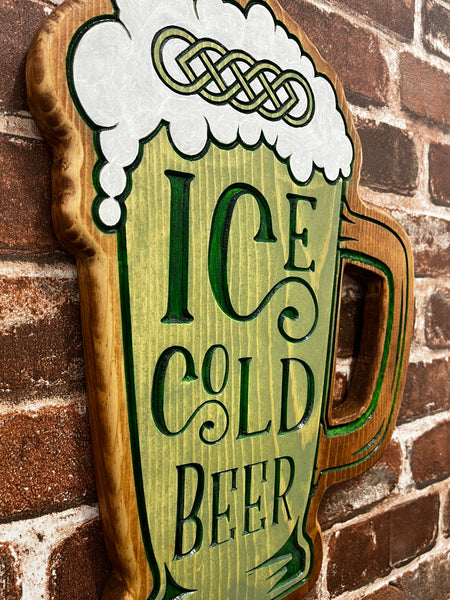 St. Patricks Day Irish Ice Cold Green Beer Mug Sign - Carved Pine Wood