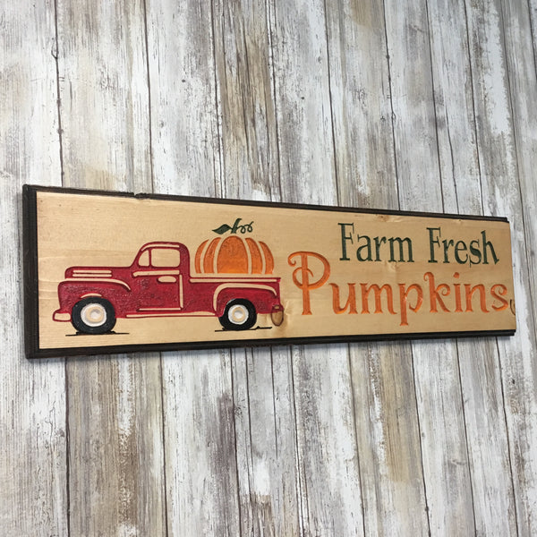 Farm Fresh Pumpkins - Autumn Halloween Sign - Carved Pine Wood