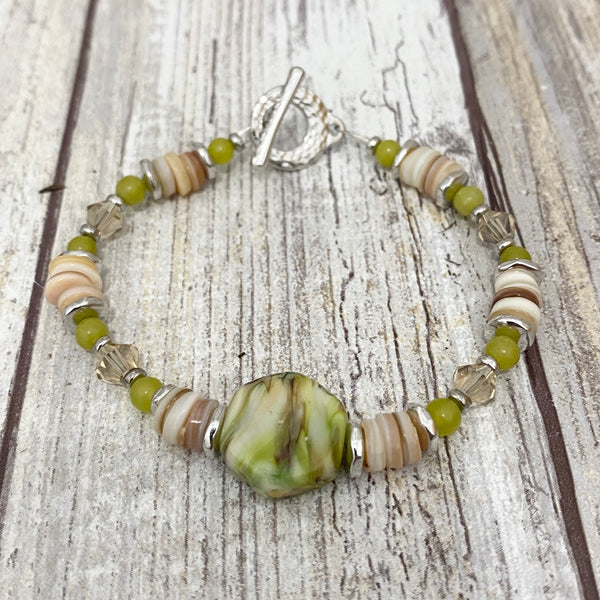 Sea Grass - Green & Cream Lampwork Glass- Shell Stone & Swarovski Bracelet