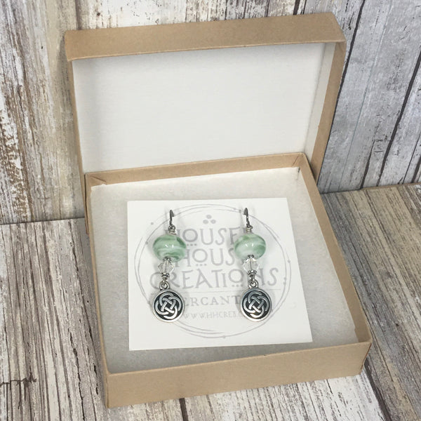 Celtic Knot & Green Lampwork Glass with Swarovski Crystal Earrings