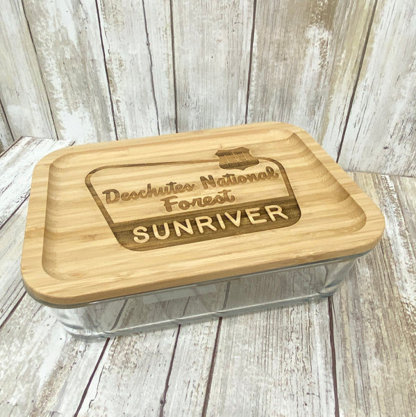 Deschutes National Forest Sunriver Bamboo Lid Glass Food or Knick Knack Container - Laser Engraved