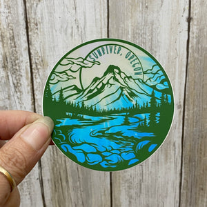 Sunriver Oregon Mountain & River Scene Vinyl Sticker - Created by Vivian Houser