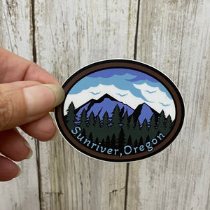 Oval Sunriver Oregon Mountain & Tree Scene Vinyl Sticker - Created by Vivian Houser