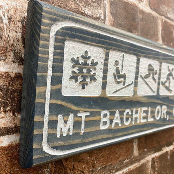Mt Bachelor Outdoor Activity Icons - Carved Pine Wood Wall Hanging Sign