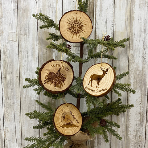 Sunriver & Mt. Bachelor Log Slice Christmas Tree Ornaments