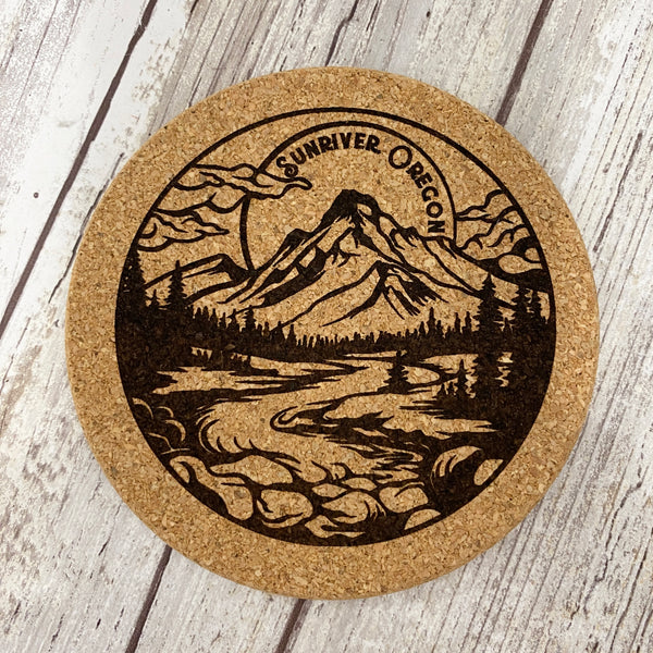 Sunriver Oregon Mountain Cork Coaster 4 pack- Laser Engraved