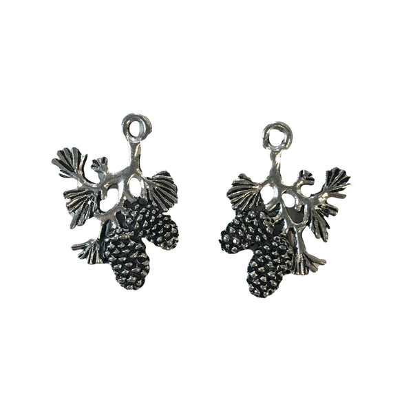 Branch with Pine Cones Charms - Qty 5 - Lead Free Pewter Silver - American Made