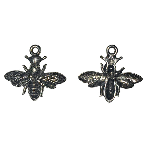 Queen Bee with Crown Charms - Qty 5 - Lead Free Pewter Silver - American Made