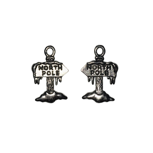 North Pole Sign Charms - Qty 5 - Lead Free Pewter Silver - American Made