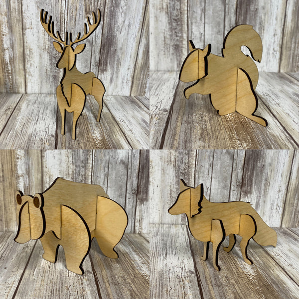 Forest Animal Puzzle Set - Deer Bear Squirrel and Fox - Laser Wood Cut Outs