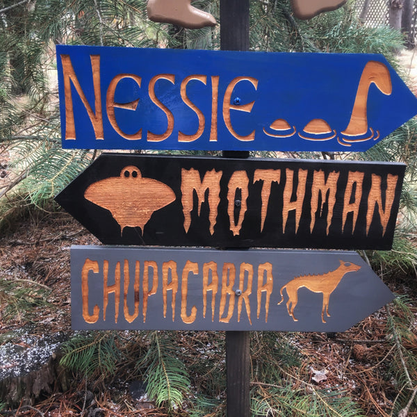 Cryptozoology Directional Signs - Carved Cedar Wood Signs