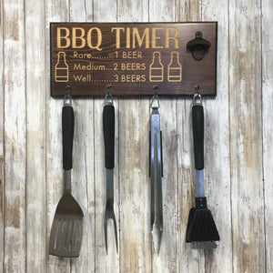 Beer BBQ Timer Barbecue Tool Holder with Beer Opener - Engraved Pine Wood