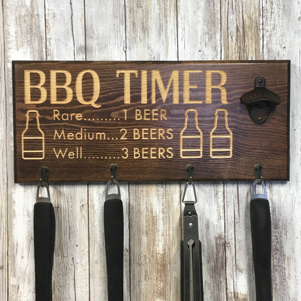 Beer BBQ Timer Barbecue Tool Holder with Beer Opener - Engraved Pine Wood