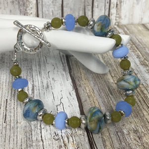 Sea Grass Blue & Green Lampwork Glass & Olivine Stone Bracelet