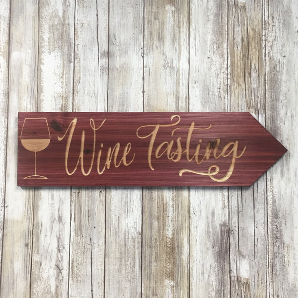 Wine Tasting Directional Sign - Red Stained and Carved Cedar Wood