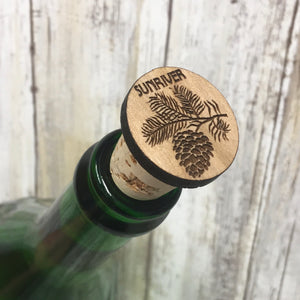 Sunriver Pinecone Wine Cork Stopper - Laser Engraved Wood & Natural Cork