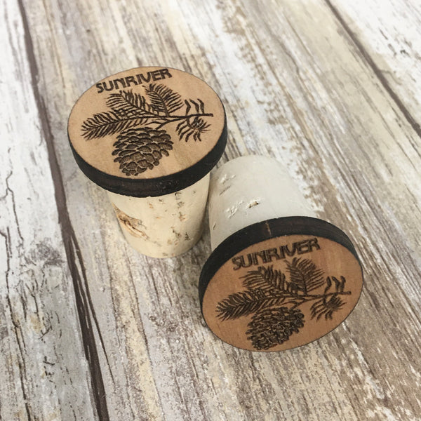 Sunriver Pinecone Wine Cork Stopper - Laser Engraved Wood & Natural Cork