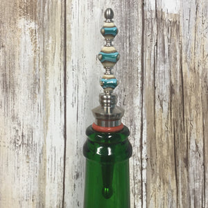 Turquoise & Ivory Stainless Steel Glass Wine Stopper - Handblown Lampwork Beads