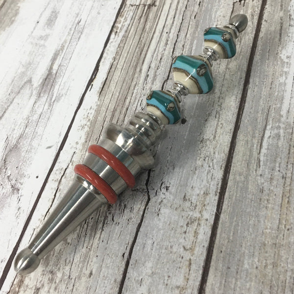 Turquoise & Ivory Stainless Steel Glass Wine Stopper - Handblown Lampwork Beads