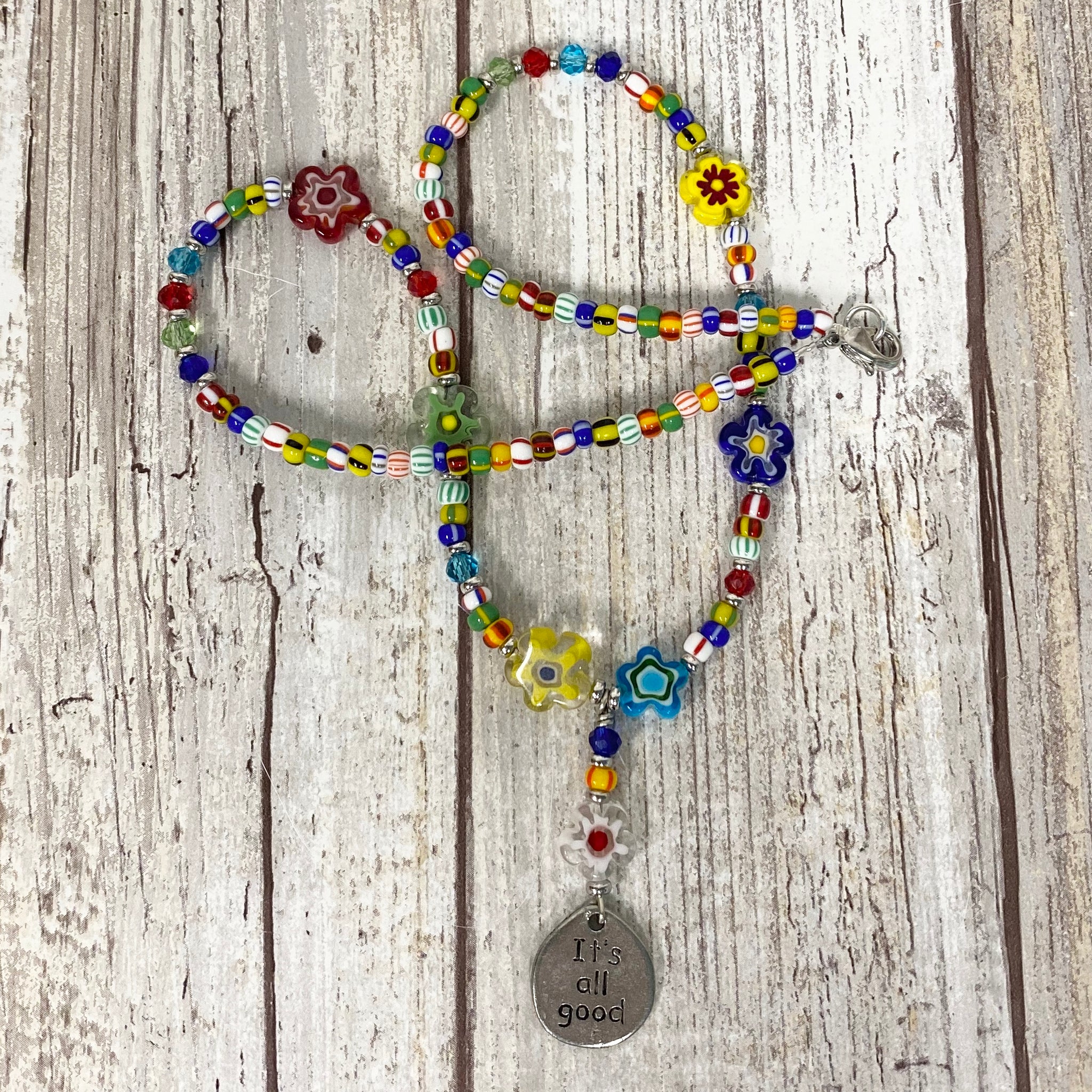 It's All Good Beaded Necklace - Happy Colorful Flowers