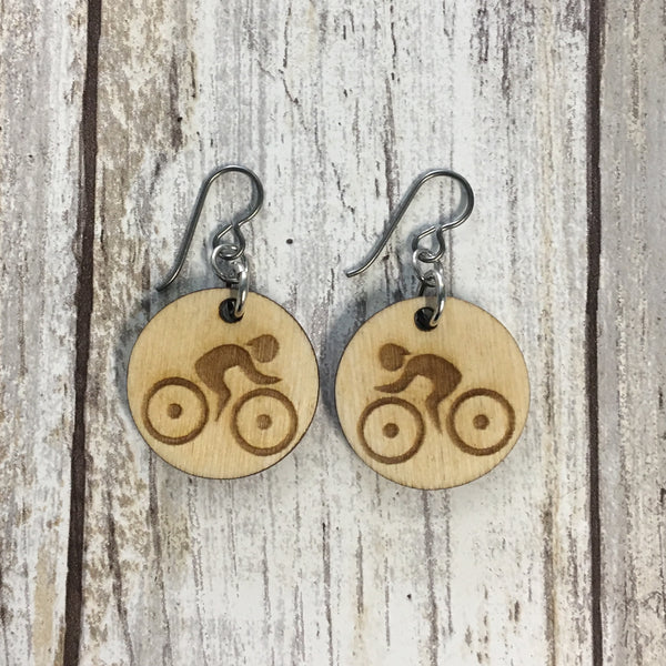 Cyclist Bicycle Earrings - Baltic Birch Wood