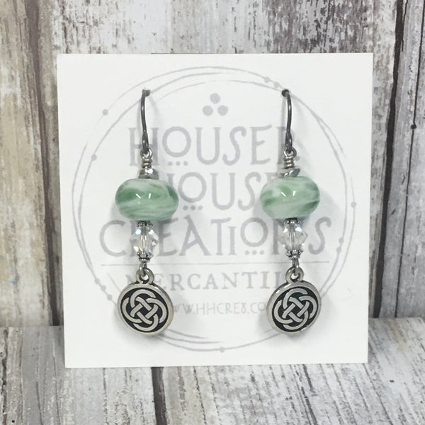 Celtic Knot & Green Lampwork Glass with Swarovski Crystal Earrings