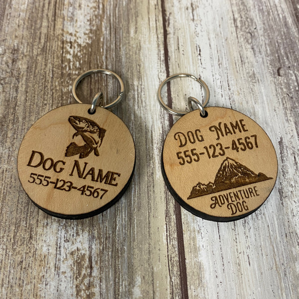 Mountain Adventure or Fish Dog Name Tag - Laser Engraved Wood