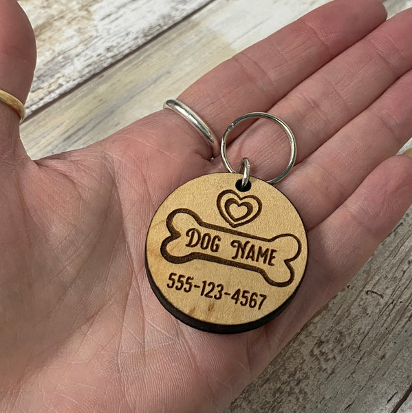 Mountain Adventure or Fish Dog Name Tag - Laser Engraved Wood