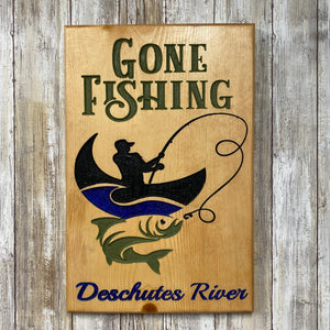 Gone Fishing Deschutes River Wall Hanging Sign - Carved Pine Wood