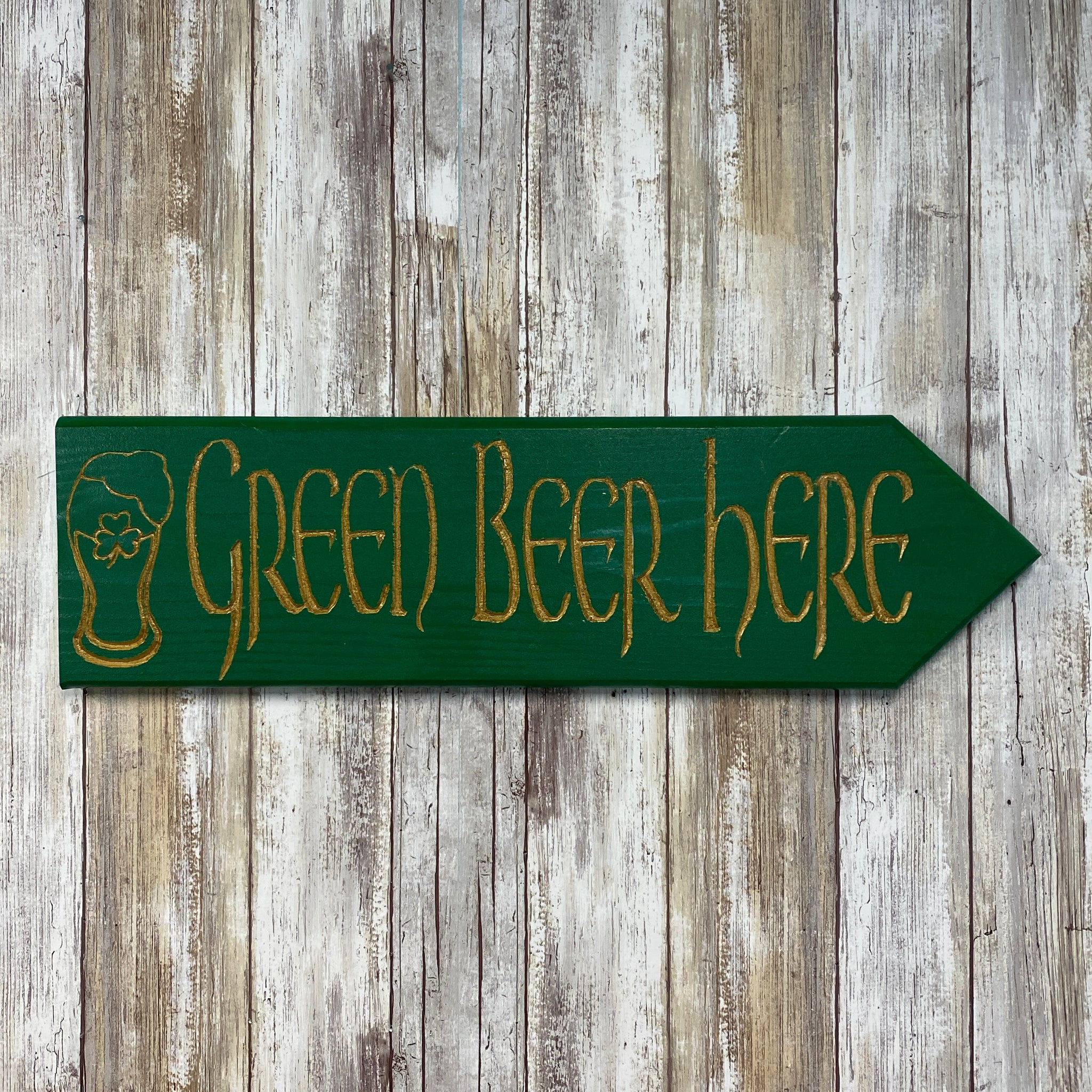 Green Beer Here Arrow Wall Hanging Sign - St Patrick's Patty's Day - Carved Pine Wood
