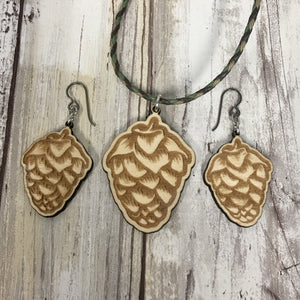 Hops Flower Beer Earrings and Pendant Necklace Set - Baltic Birch Wood
