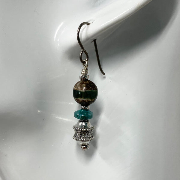 Canyon River Earrings - Pewter Earthy DZI Stones & Czech Glass