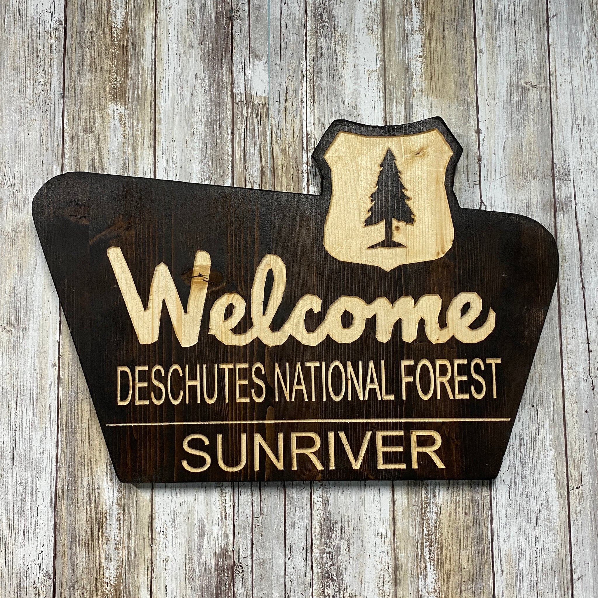 Welcome Sunriver Oregon Deschutes National Forest Wall Hanging Sign - Carved Pine Wood