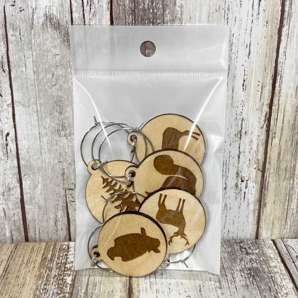 Forest Living Wine Glass Charms - Laser Engraved Birch Wood Set of 6