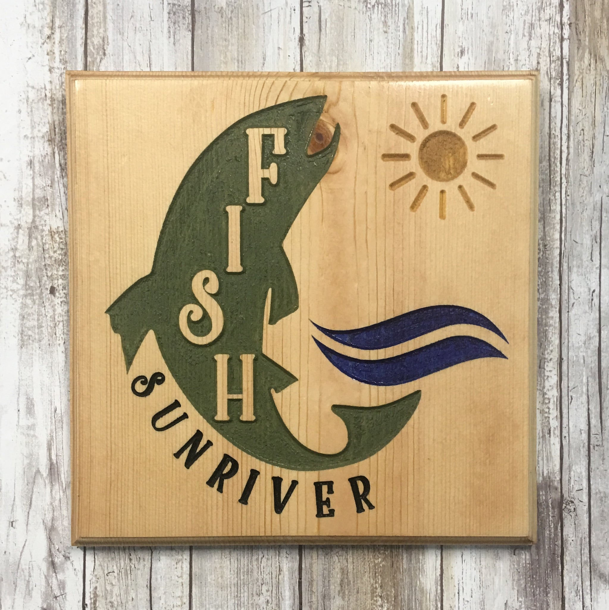 Fish Sunriver Sign - Carved Pine Wood