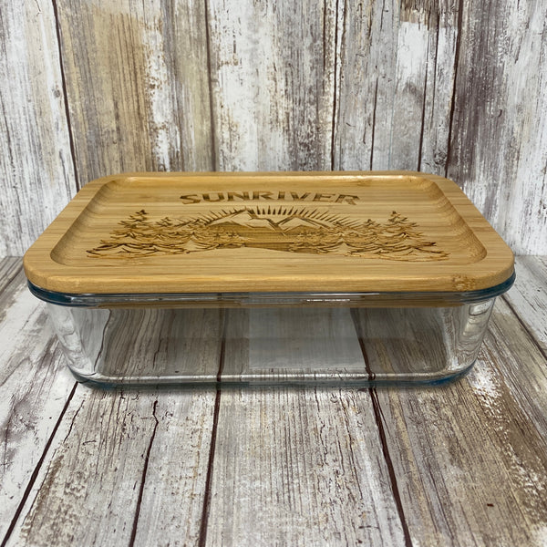 Sunriver Mountain Scene Bamboo Lid Glass Food or Knick Knack Container - Laser Engraved