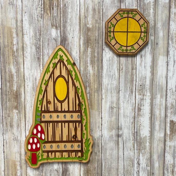 Large Mushroom Fairy Gnome Door and Window - Carved Pine Wood Sign