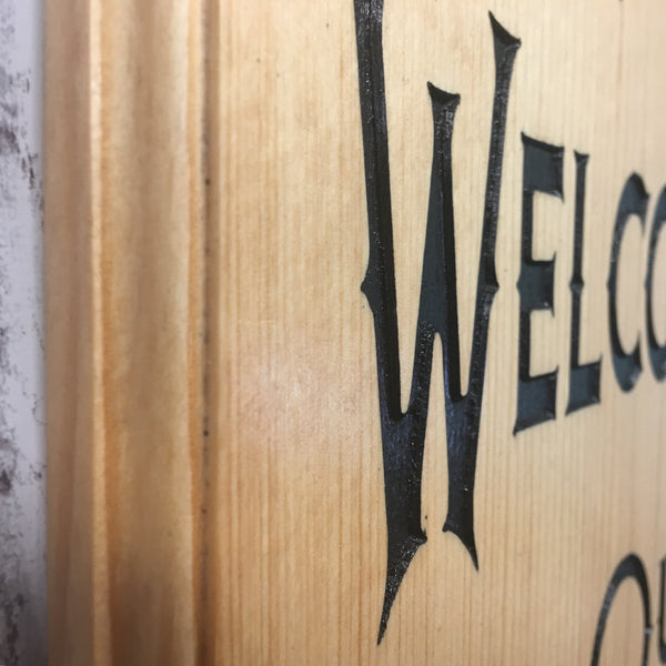 Welcome to Our Cabin Sign - - Pinecone Branch - Carved Pine Wood