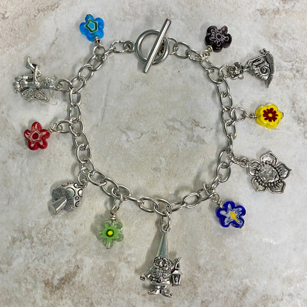 Forest Fairy and Gnome Charm Bracelet - Happy Colorful Flowers