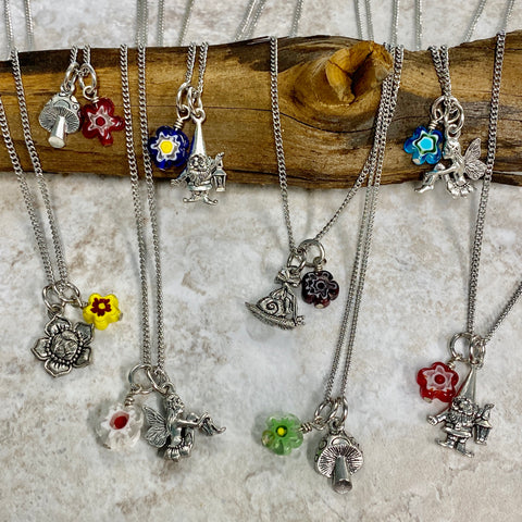 Forest Fairy and Gnome Charm Necklace - Happy Colorful Flowers