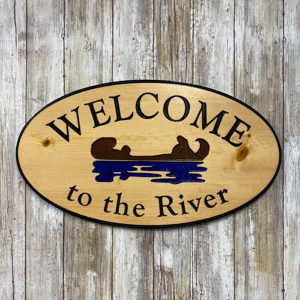 Welcome to the River Otter Floating Wall Hanging Sign - Carved Pine Wood