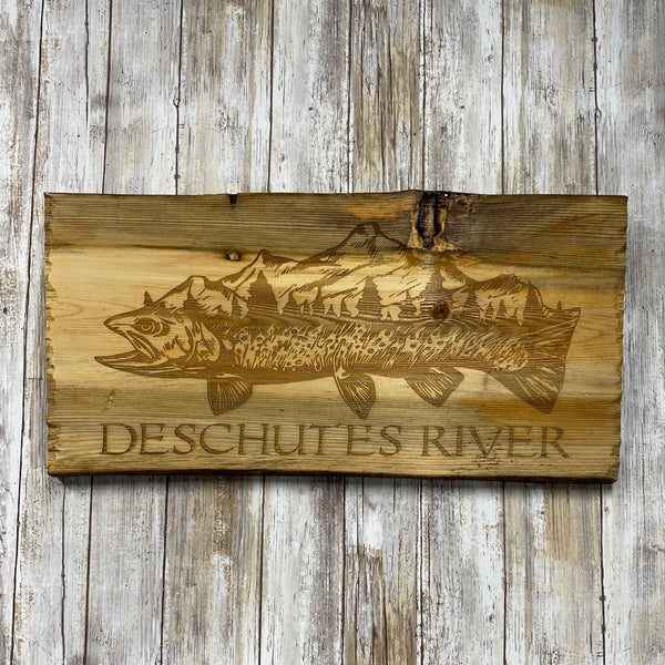 Rustic Trout Mountain Fish Deschutes River Sign - Live Edge Lodgepole Pine Wood