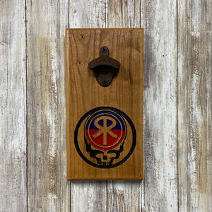 Sunriver Oregon Logo Grateful Dead Skull Beer Bottle Opener - Wall Mounted Cherry Wood