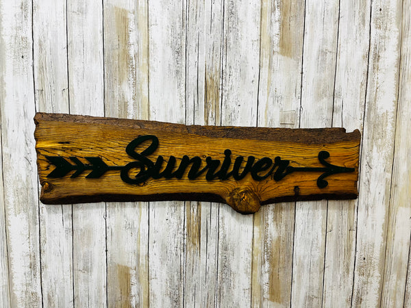 Sunriver Arrow on Live Edge Wood Sign - Cabin Decor - Laser Cut Live Edge Tree Wood
