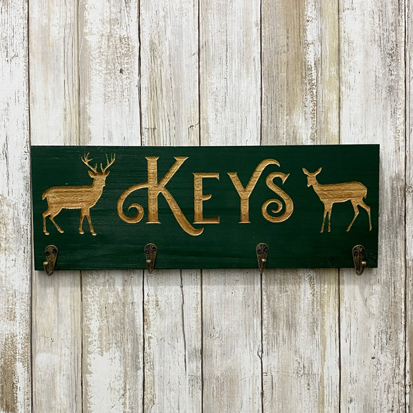 Buck & Doe Deer Key Holder - Carved Cedar Wood Key Plaque Hanger
