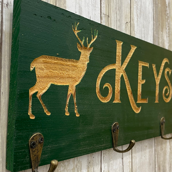 Buck & Doe Deer Key Holder - Carved Cedar Wood Key Plaque Hanger