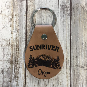 Sunriver Oregon Mountain Scene Leather Key Chain Fob