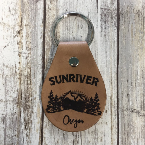 Sunriver Oregon Mountain Scene Leather Key Chain Fob