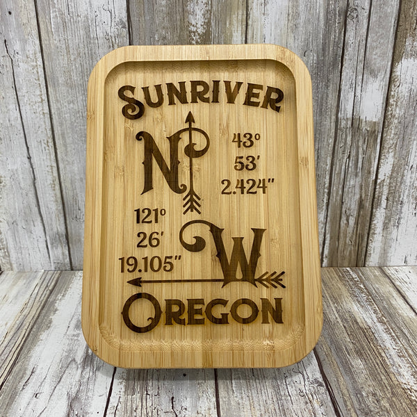 Sunriver GPS Coordinates Bamboo Lid Glass Food or Knick Knack Container - Laser Engraved