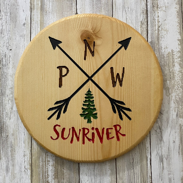 Round PNW Pacific North West Sunriver Sunriver Sign - Carved Pine Wood